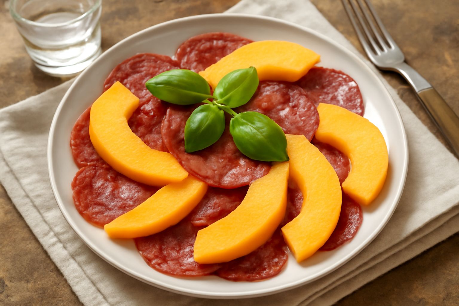 Piatto bianco con fette di soppressata rossa e scura alternate a spicchi di melone giallo e polpa arancione, guarnito con foglie di basilico fresco e gocce di olio d'oliva