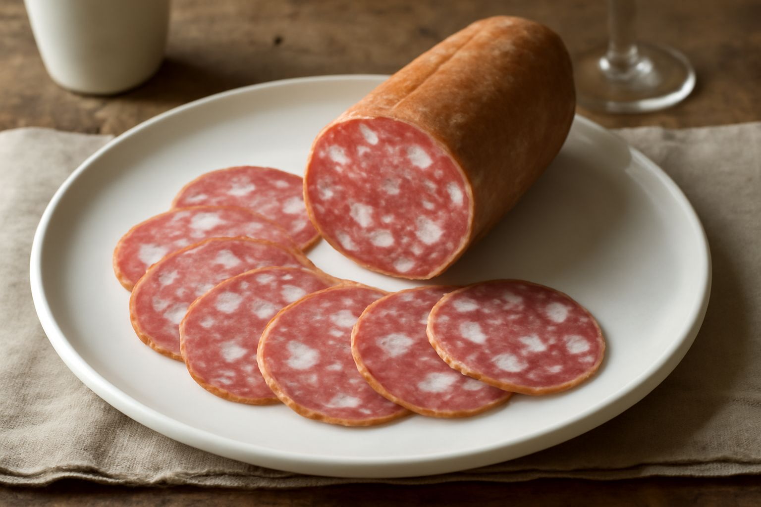 Fette di soppressata d'Avellino rosa e bianca con grana grossa visibile, appoggiate su un piatto bianco con pepe nero in evidenza, sfondo grigio neutro