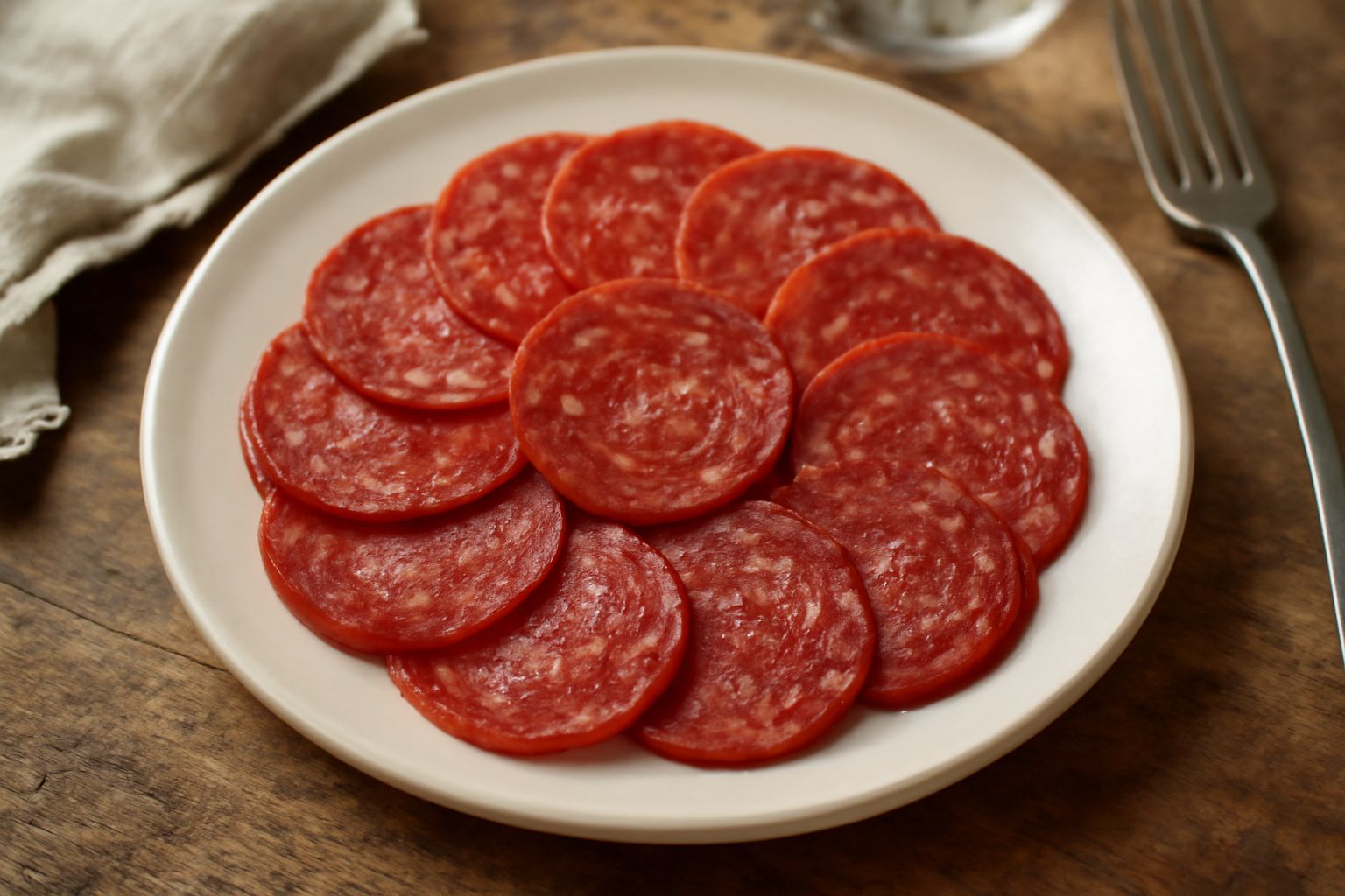 Soppressata di Isernia affettata su un tagliere di legno, fette regolari di colore rosso scuro con marezzatura bianca, circondata da pepe nero in grani e spicchi d'aglio fresco