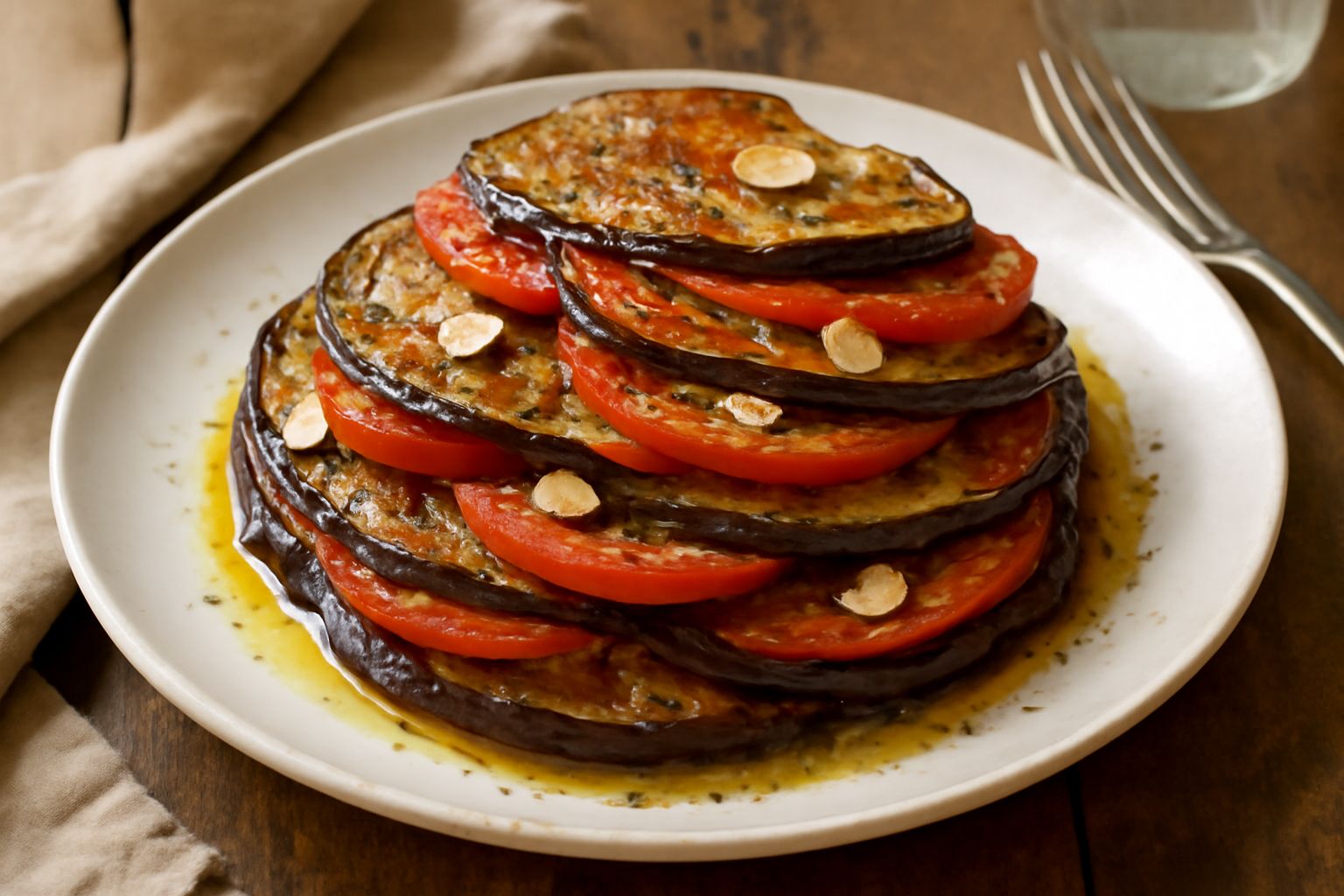 Soppressata di melanzane in un piatto bianco: strati di melanzane dorate e croccanti alternate a pomodoro rosso, aglio e erbe verdi, con olio trasparente che luccica