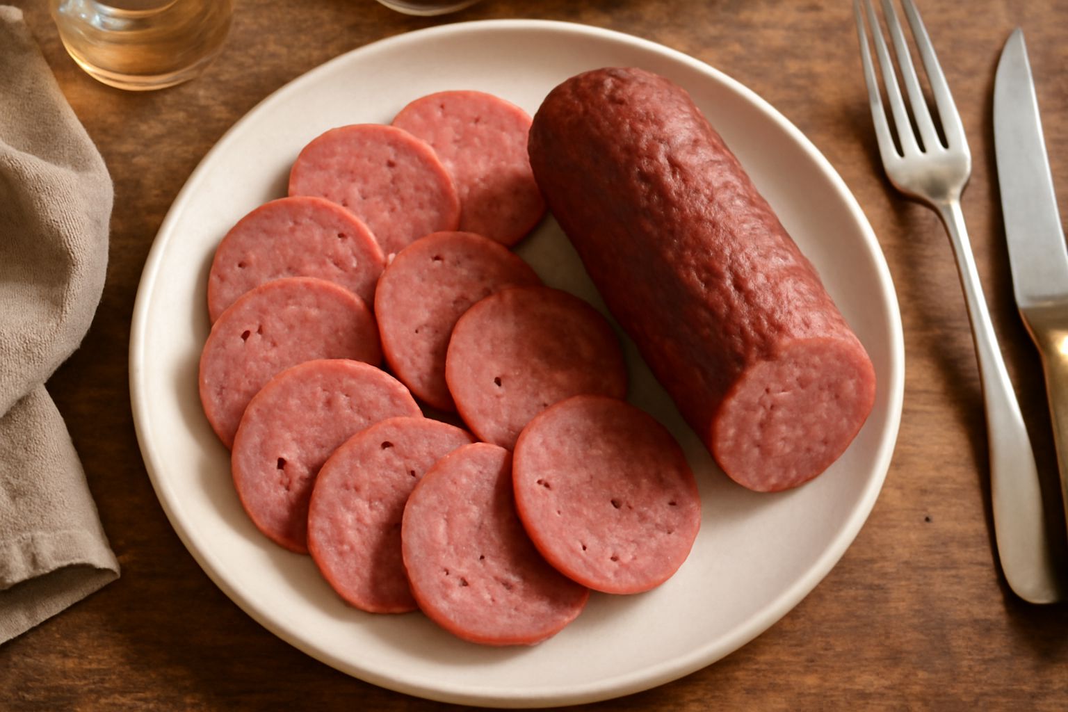 Soppressata di Melfi affettata su un tagliere di legno, fette rosa scuro con grani di pepe visibili, accompagnata da pane tostato e bicchiere di vino rosso