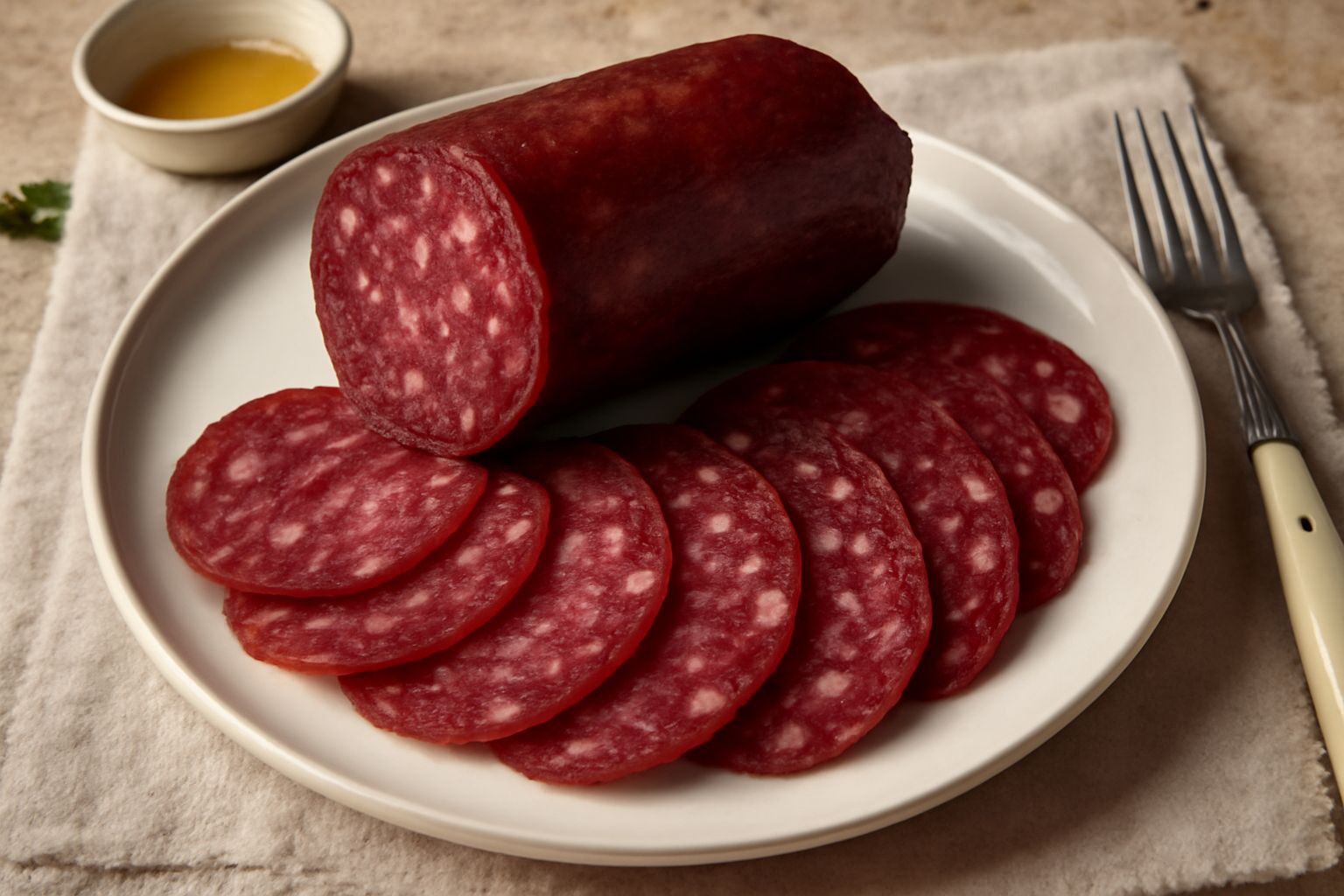 Soppressata di Modena affettata sottile, disposta a ventaglio su un piatto bianco con contorno di pane toscano tostato leggermente, foglie di prezzemolo fresco e pepe nero macinato