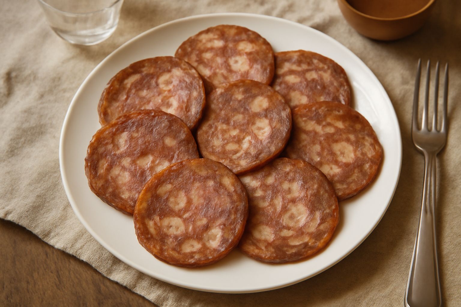 Fette di soppressata di Modena affettate sottilmente su un tavolo di legno, con colore rosso scuro uniforme e grasso visibile, accanto a pane e vino rosso