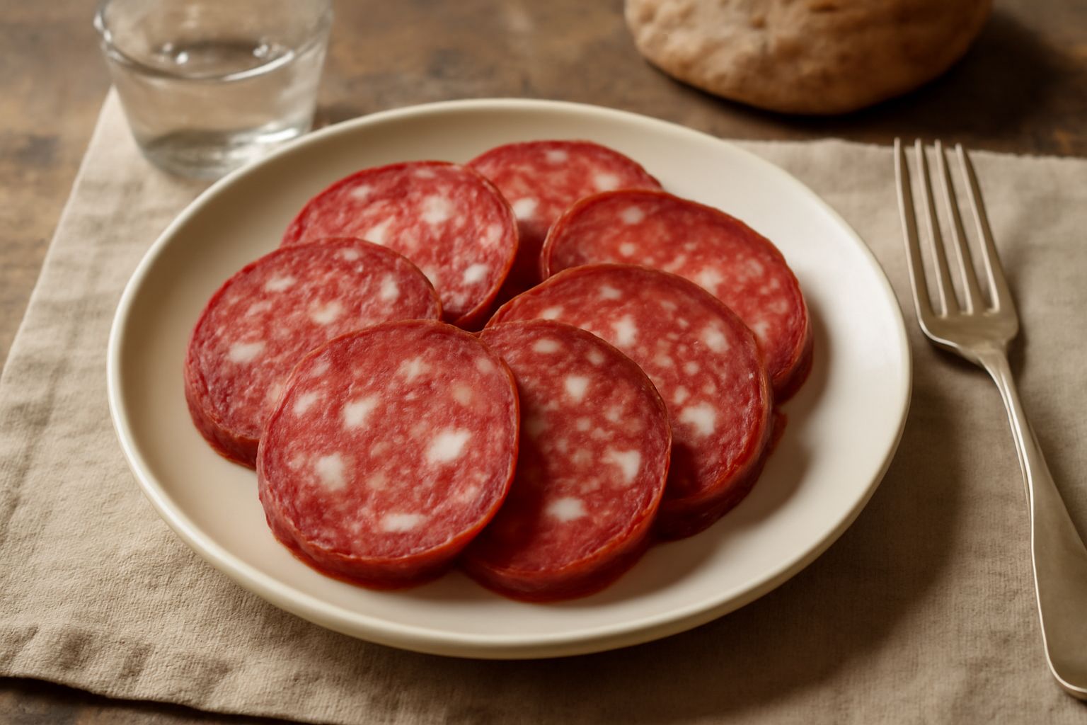 Soppressata di Norcia affettata su un tagliere di legno, fette di colore rosa scuro con venature di grasso bianco, accanto a pane toscano integrale e un bicchiere di vino rosso
