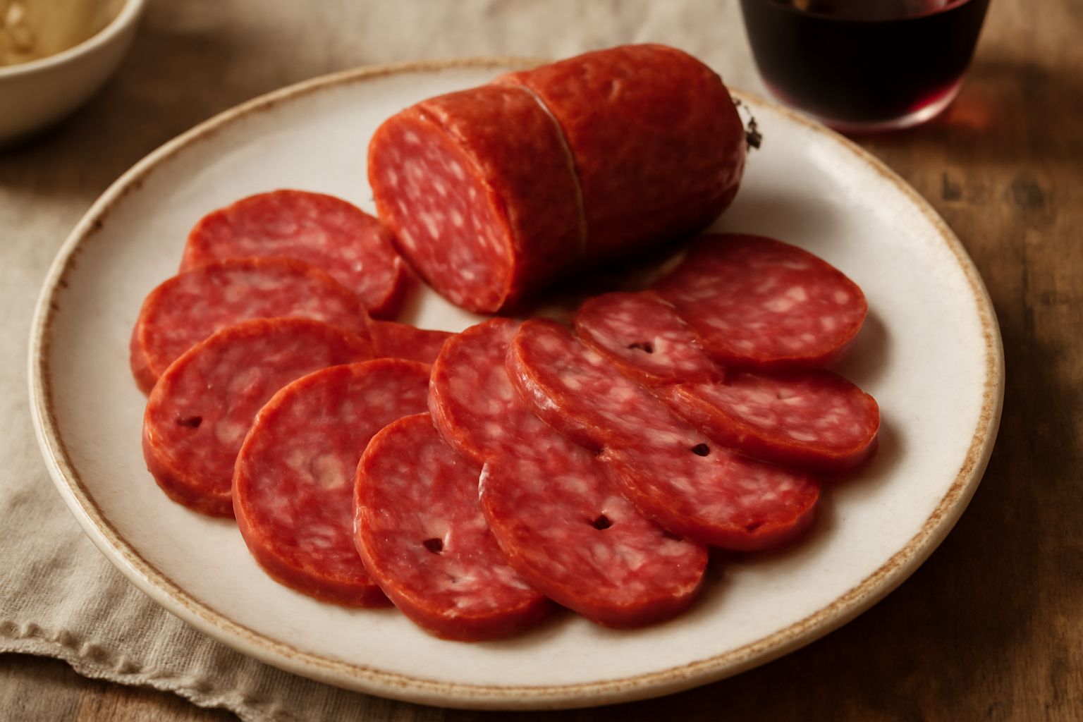 Soppressata di Picerno affettata su un tagliere di legno, fette rosso scuro con grani di pepe nero visibili, contorno con pane tostato e un bicchiere di vino rosso
