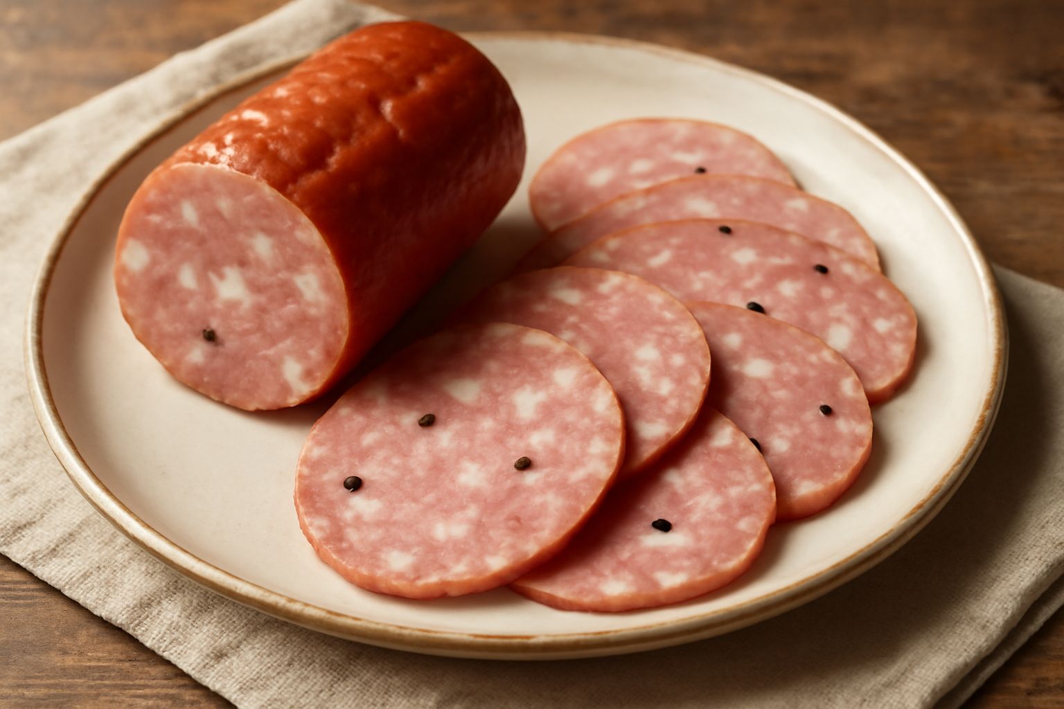 Soppressata di Sassari affettata su tavolo di legno chiaro, fette rosa e bianche alternate, marezzatura visibile, pepe nero integrale in evidenza, su un piatto di terracotta con coltello da affettamen