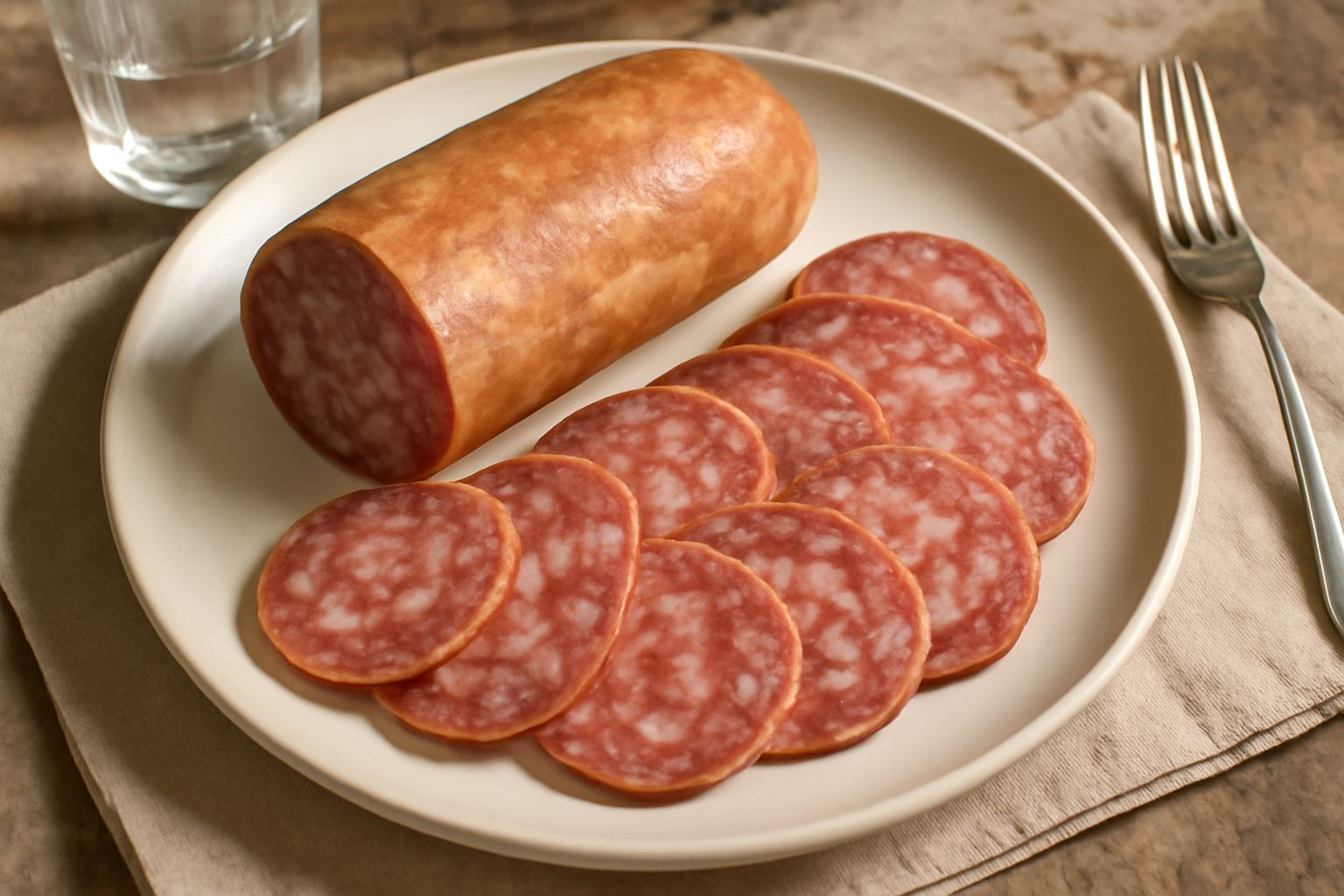 Fette sottili di soppressata rosa e marezzate di grasso bianco su un piatto bianco, con rosmarino fresco e pane tostato accanto