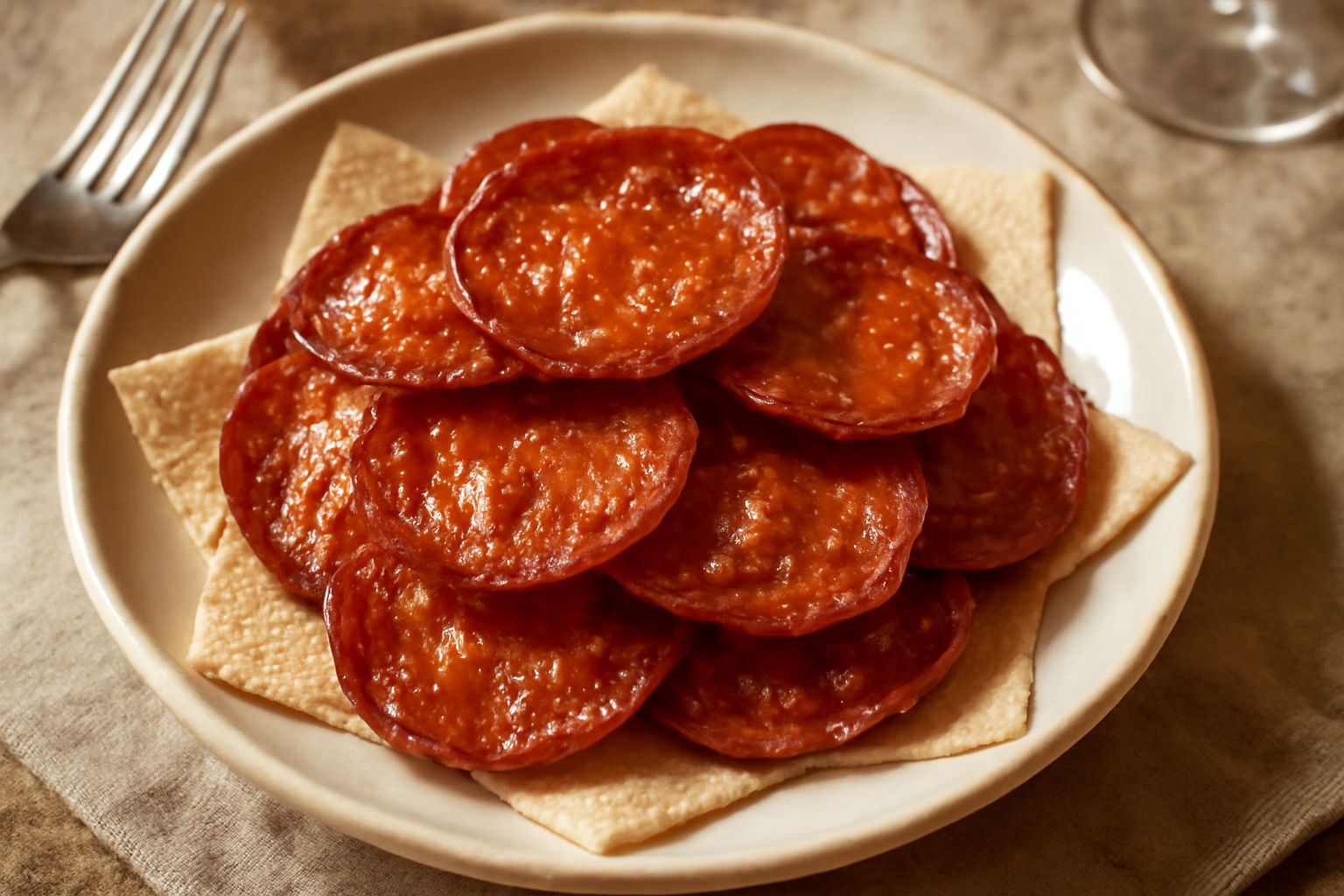 Fette di soppressata fritta dorate e croccanti impilate su carta assorbente bianca, con un leggero brillio di olio, su un piatto bianco