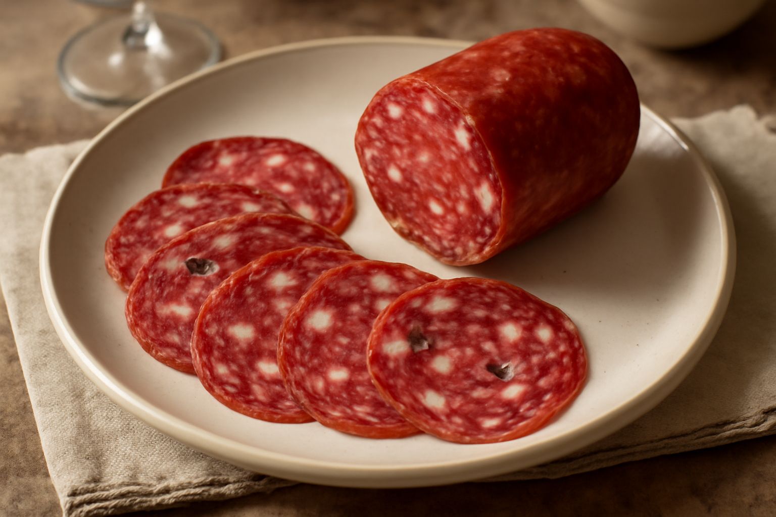 Soppressata friulana affettata sottile su un piatto bianco, con pepe nero visibile in superficie e colore rosso scuro omogeneo