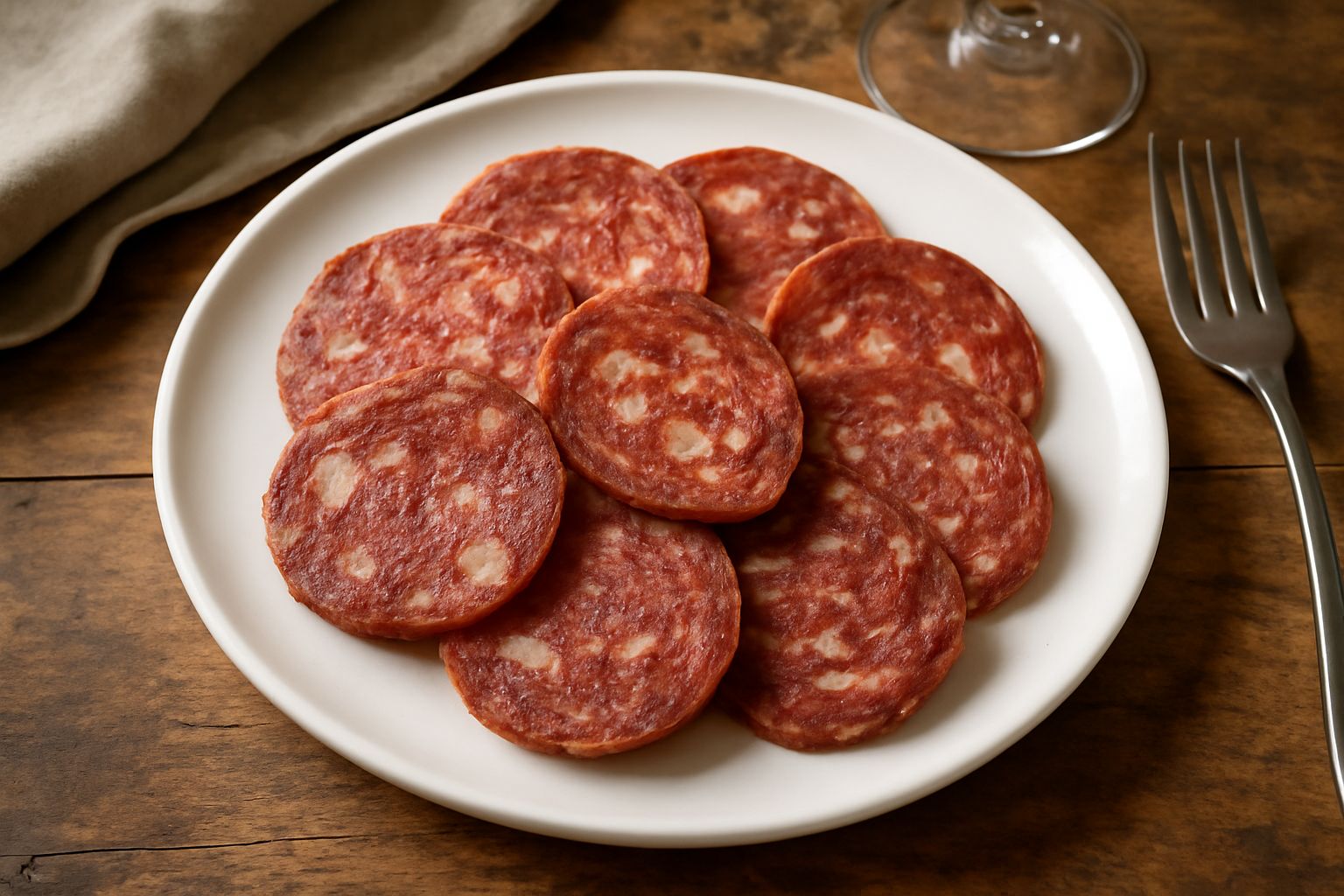 Fette di soppressata irpina tagliate su un tagliere di legno con grani di pepe visibili e colore rosso scuro della pasta