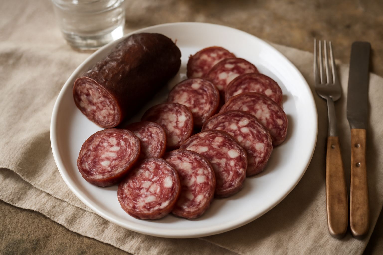 Fette di soppressata lucana disposte a ventaglio su piatto bianco, con superficie scura e marezzatura di grasso visibile, accompagnate da fette di pane tostato