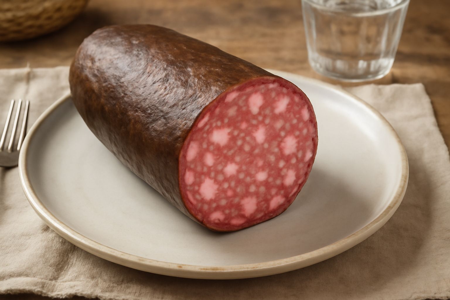 Fette di soppressata marchigiana su un tagliere di legno, colore rosa acceso con marezzatura bianca, accanto a una fetta di pane toscano