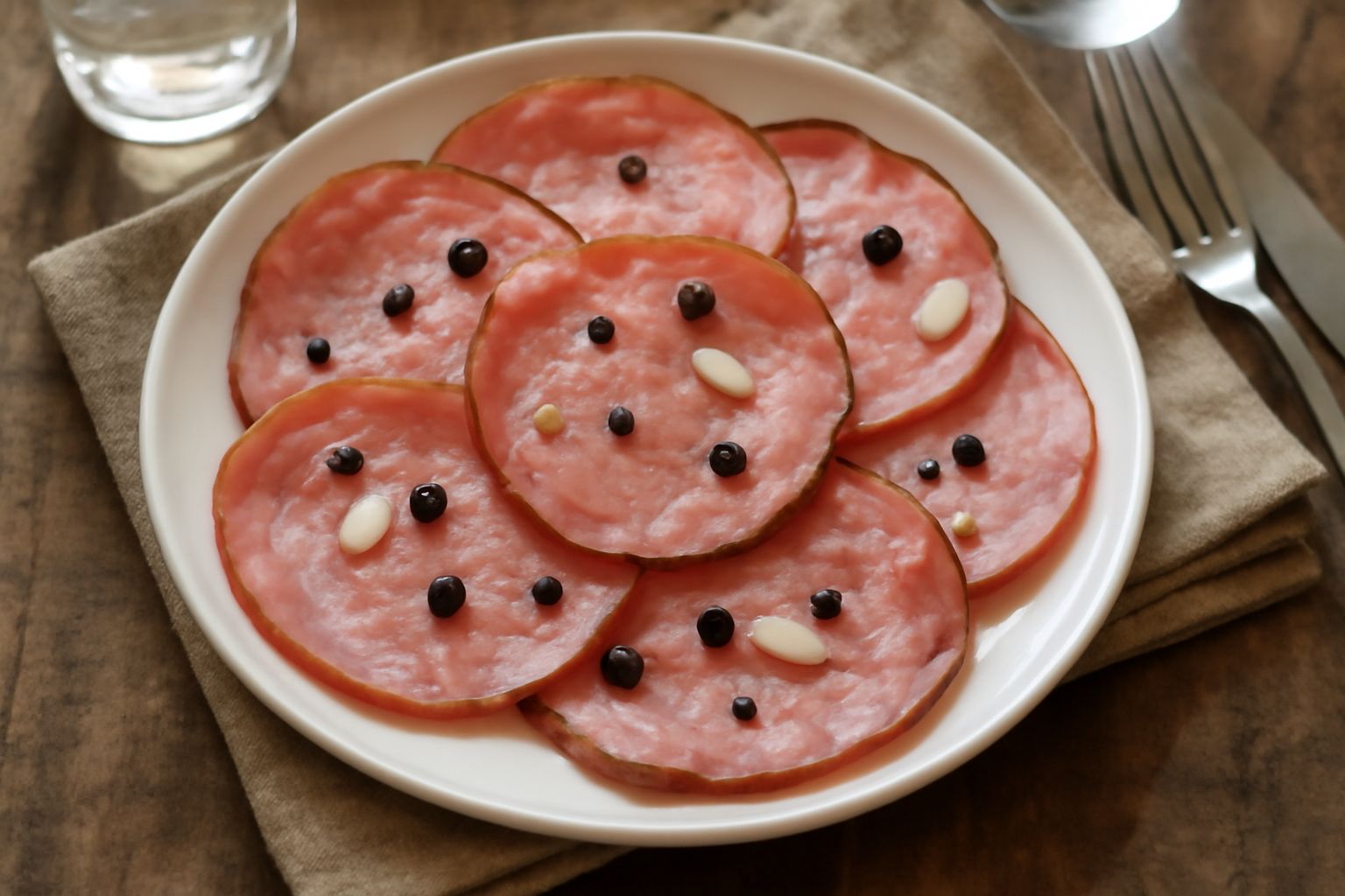 Fette di soppressata meranese affumicata su un piatto bianco, colore rosato uniforme con puntini di pepe e aglio visibili, disposte leggermente sovrapposte accanto a pane scuro tostato