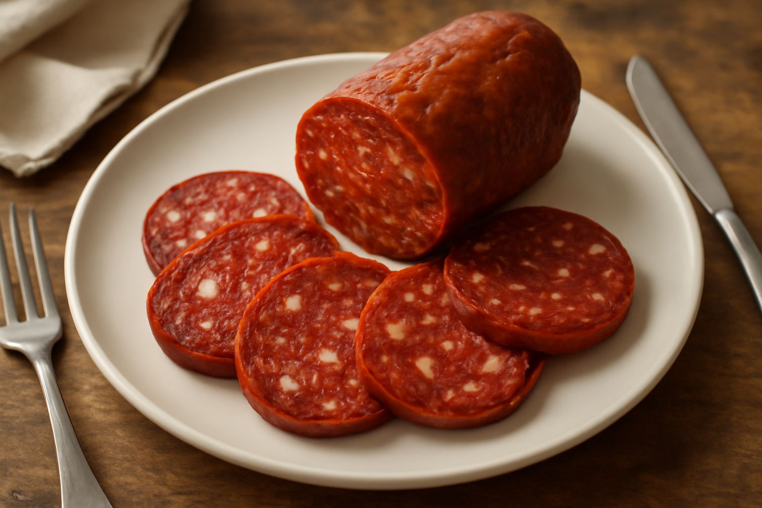 Soppressata messinese affettata, fette di colore rosso scuro con marezzatura di grasso bianco su tagliere in legno, accanto coltello e pane tostato