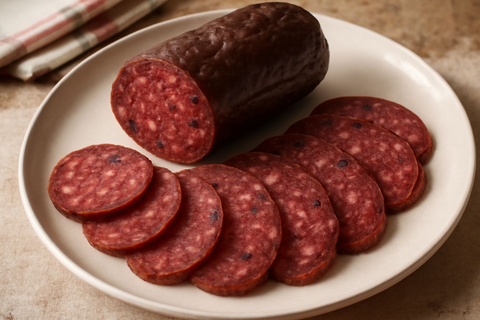 Soppressata molisana affettata su un piatto bianco, mostrando la sezione trasversale con il rosso della carne punteggiato dal pepe nero, buccia scura e leggermente increspata, accompagnata da pane tos