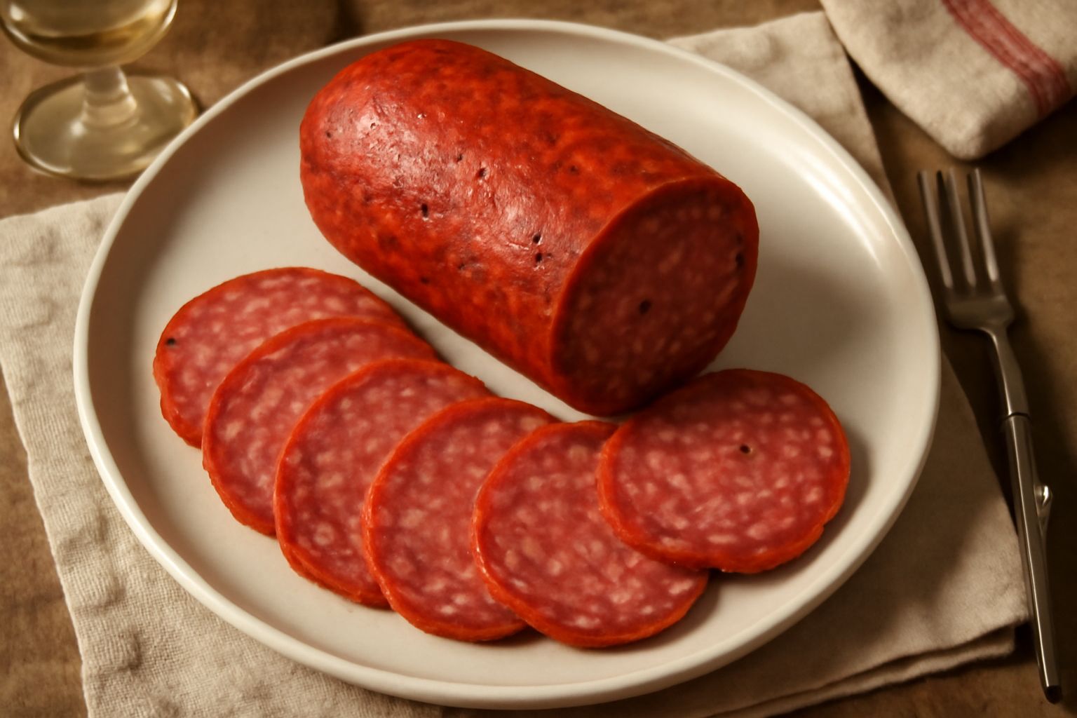 Soppressata pesarese affettata su un tagliere di legno scuro, fette di colore rosso scuro con grani di pepe nero visibili, contorno di pane tostato e un bicchiere di vino rosso