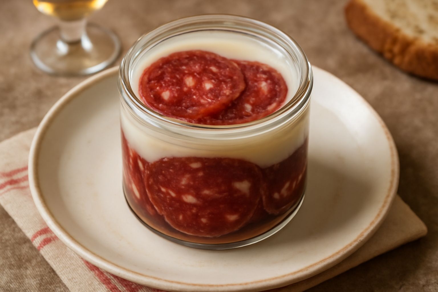 Vasetto di vetro con soppressata affettata immersa in grasso bianco opaco, con erbe aromatiche visibili nel liquido, posato su un tavolo di legno scuro con un tovagliolo di lino beige