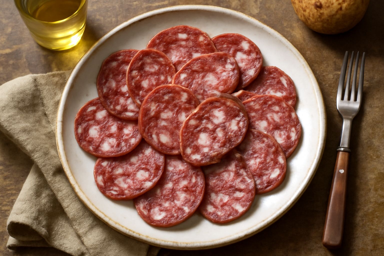 Soppressata toscana affettata su un tagliere di legno con una lama smussata, mostrando la striatura bianca del grasso e il pepe nero visibile