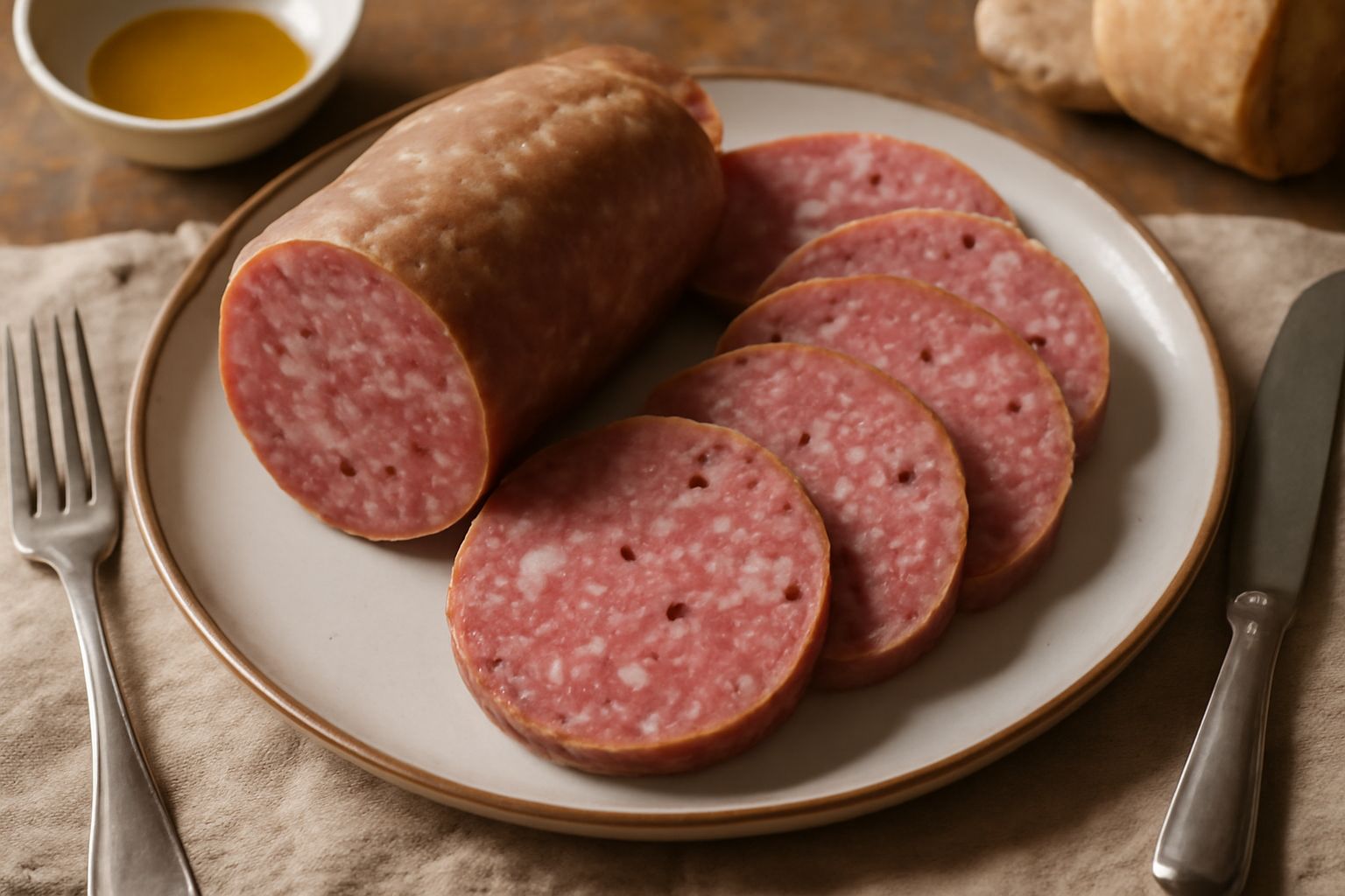 Soppressata umbra affettata su un tagliere di legno, fette circolari di colore rosa intenso con grani di pepe visibili, contorno scuro.