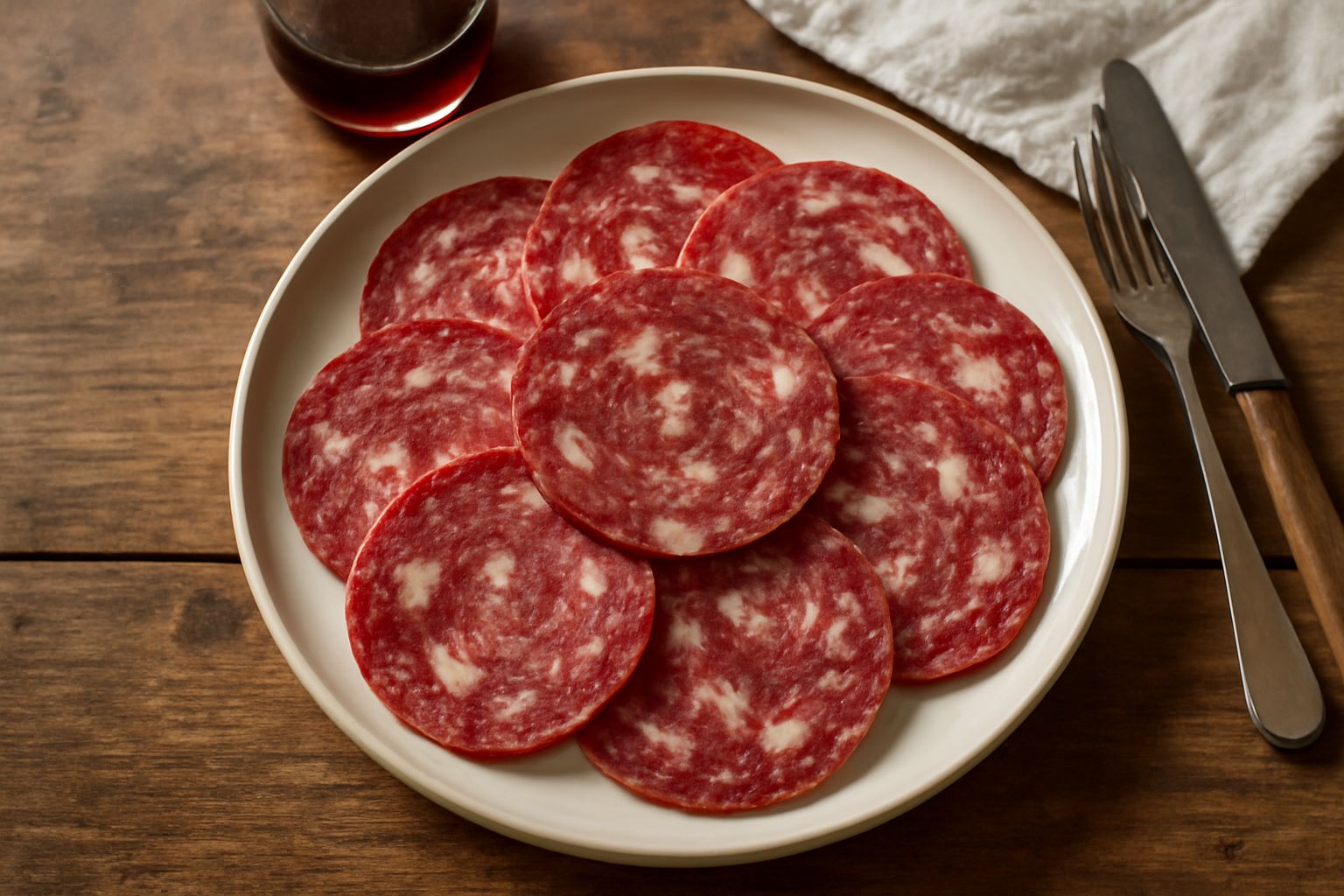 Fette sottili di sopressa veneta rosso scuro disposte a ventaglio su un piatto bianco, con alone di grasso visibile e grana compatta della carne macinata