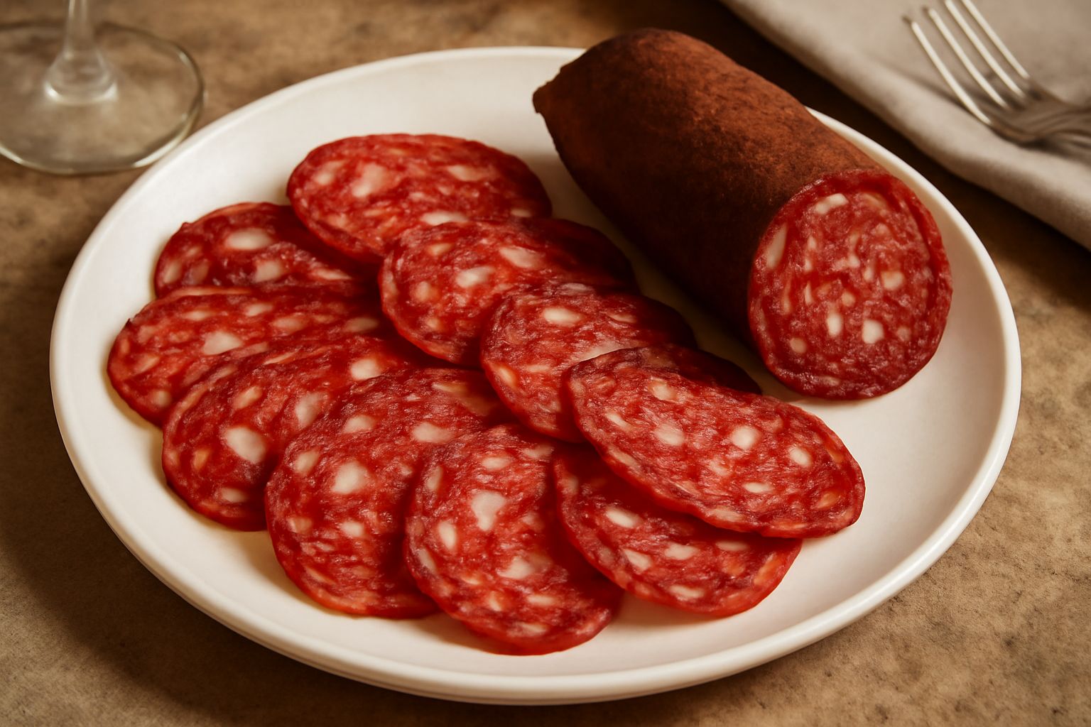 Fette di sopressata rosso scuro con striature di grasso bianco, disposte a ventaglio su un piatto bianco, con pepe visibile in superficie