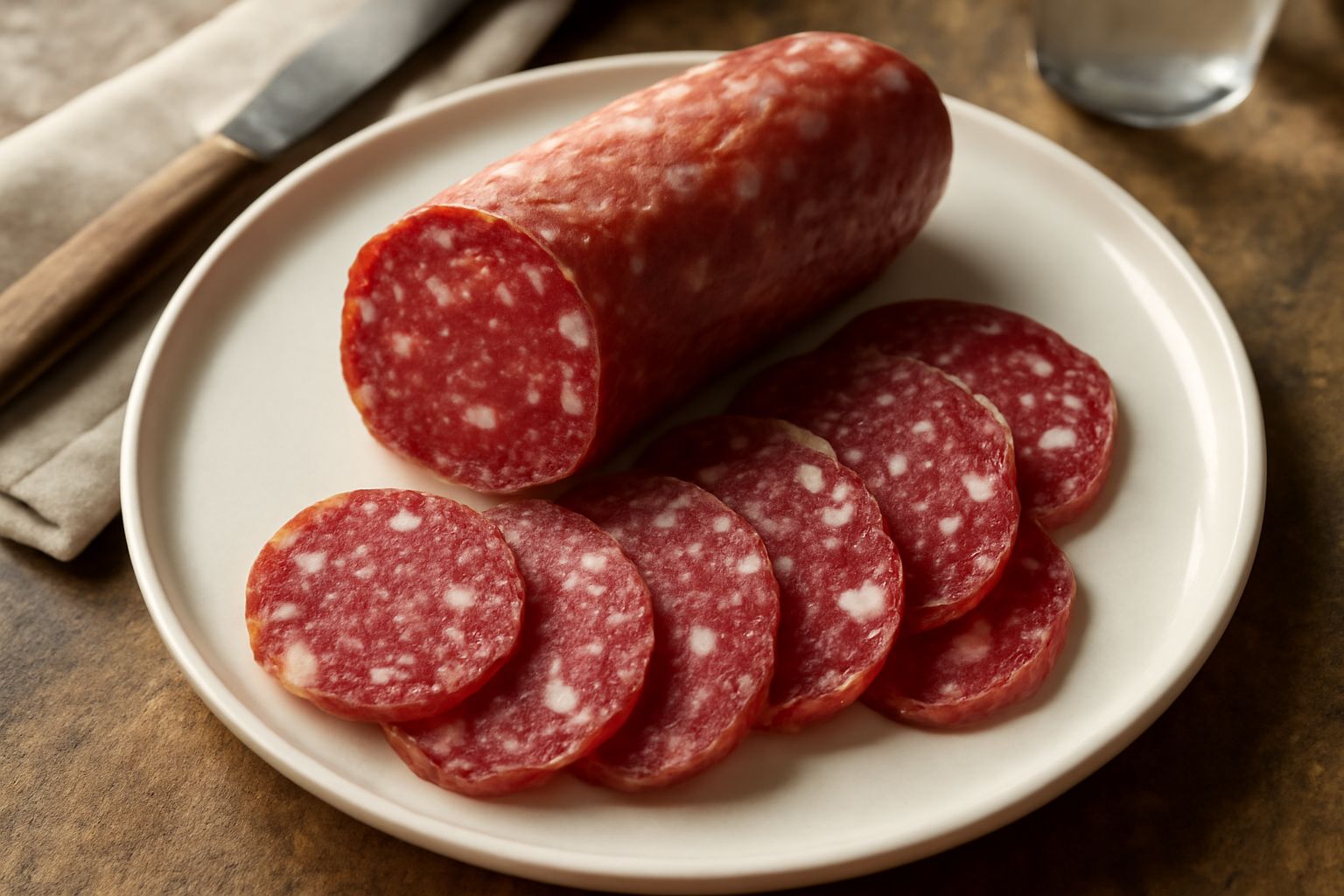 Fette di salame sopressata dal colore rosso intenso con punti bianchi di grasso, disposte a ventaglio su un tagliere di legno, con pane tostato e olive nere intorno