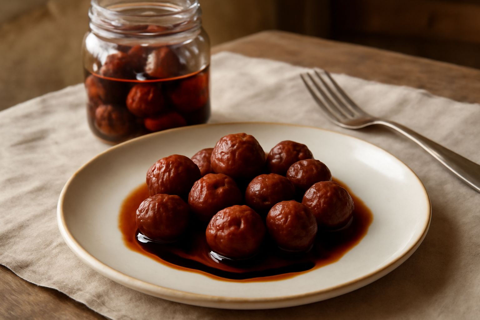 Vasetto di vetro con sorbe in conserva agrodolci, di colore rosso ruggine, immerse in sciroppo trasparente, decorato con etichetta artigianale, accanto a qualche sorba fresca marrone