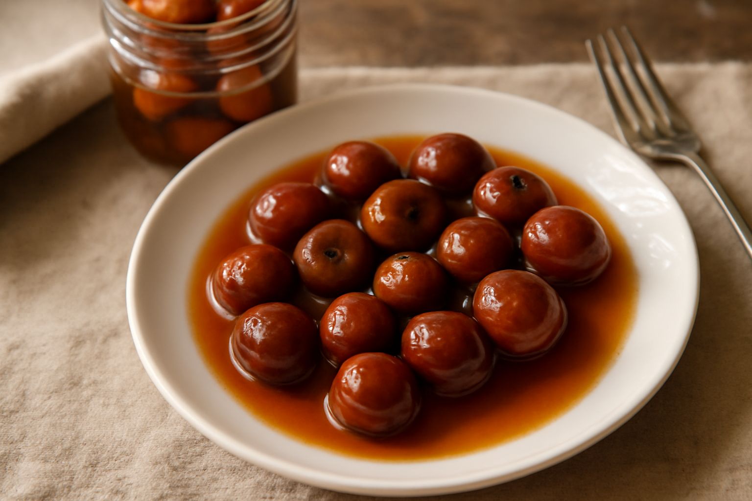 Sorbe intere e trasparenti immerse in sciroppo caramellato dentro un barattolo di vetro, decorate con una stella di anice stellato, poste su un tavolo di legno scuro con foglie d'autunno sparse