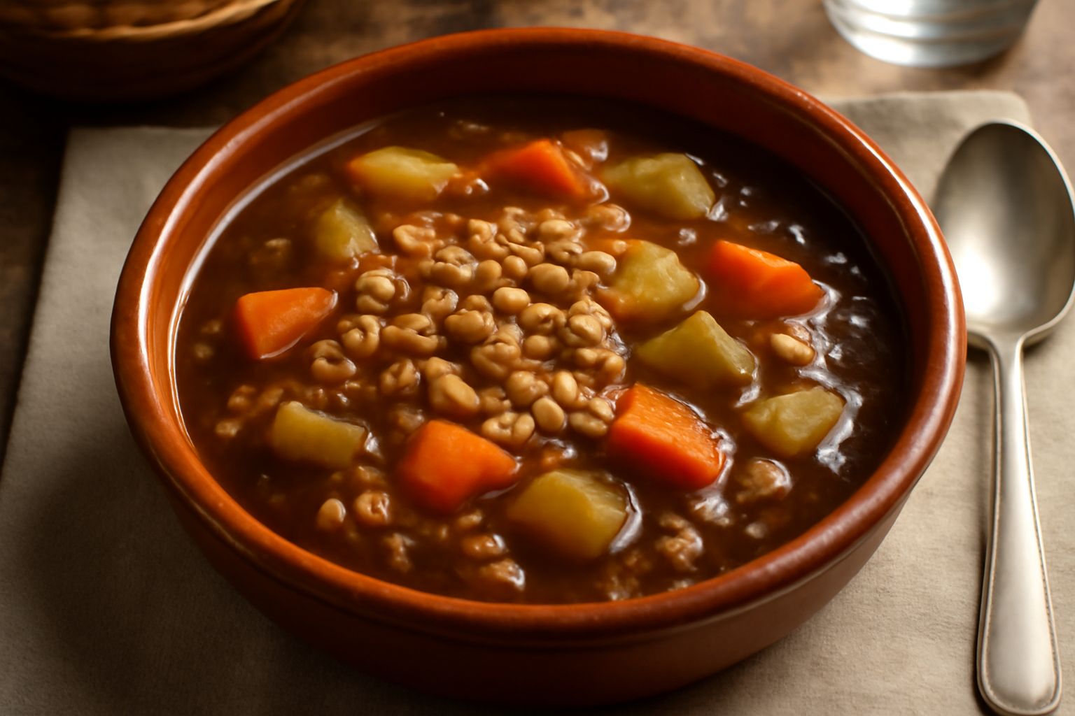 Ciotola di terracotta colma di sorbada fumante: verdure tagliate a pezzi medi in brodo scuro, chicchi di orzo visibili in superficie, guarnizione di prezzemolo fresco tritato, servita su tavolo di leg