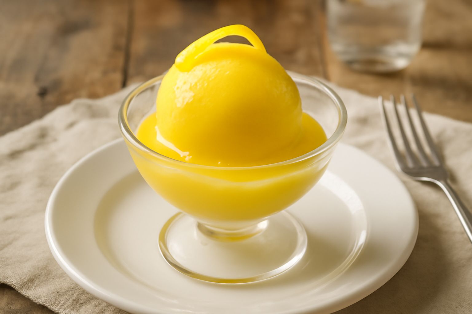 Coppetta di sorbet al limone cremoso giallo luminoso, con scorza di limone fresco sulla superficie, temperatura fredda visibile dalla lieve brina, servito in bicchiere di cristallo trasparente con cuc