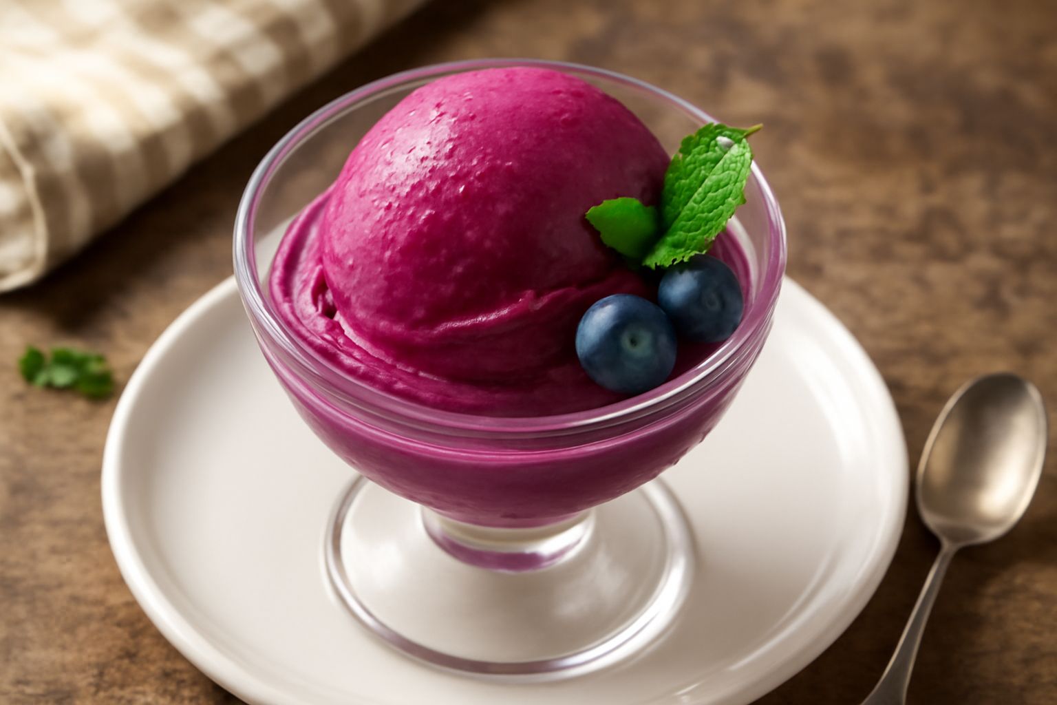 Coppa di vetro con sorbet ai mirtilli di colore viola intenso, superficie liscia e cremosa, guarnito con due mirtilli freschi blu e una fogliolina di menta verde, sfondo bianco