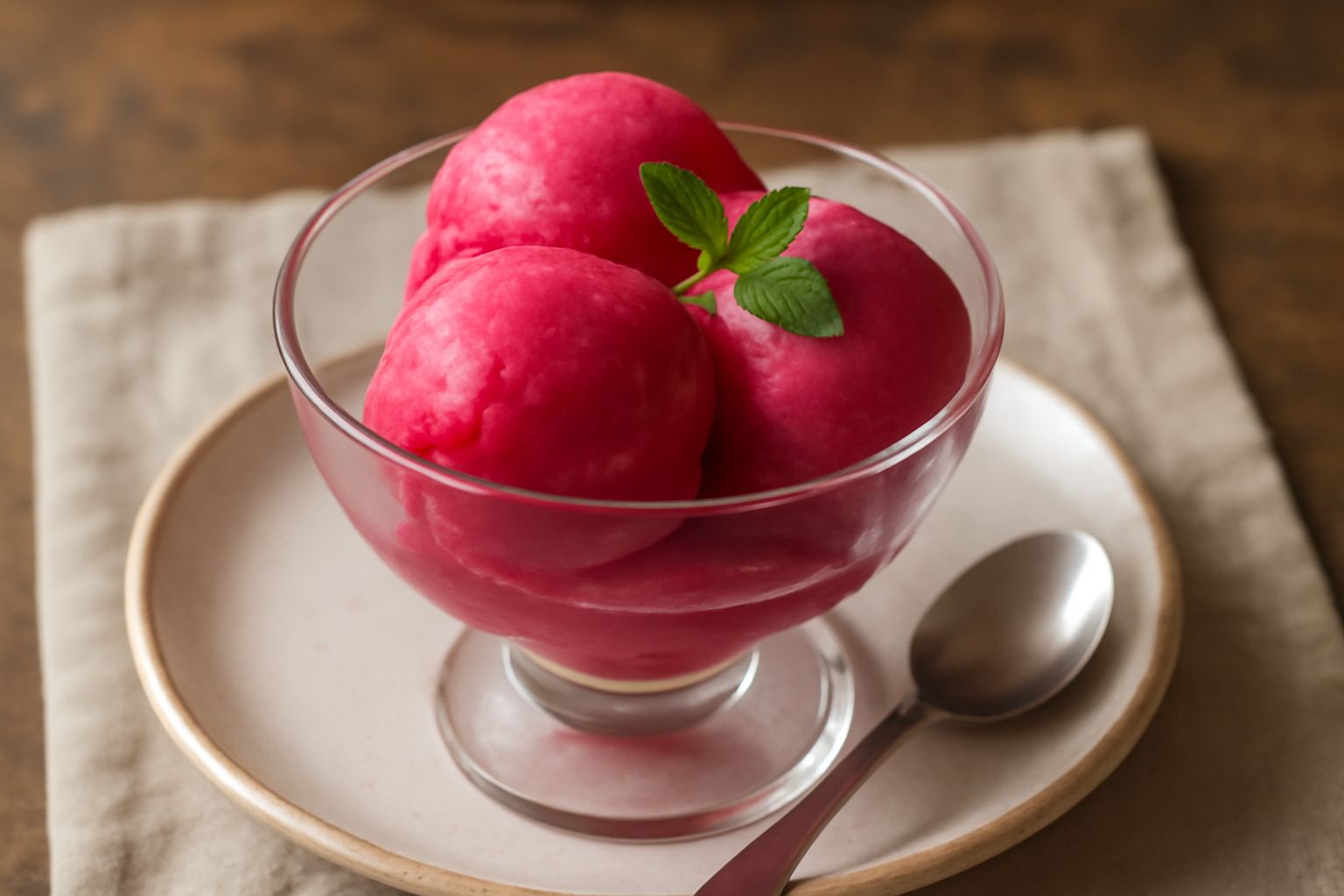 Sorbet di lampone di colore rosa fucsia servito in coppa di vetro, con tre palline lisce e brillanti, lamponi freschi sul bordo, cucchiaio da gelato in acciaio, sfondo neutro bianco