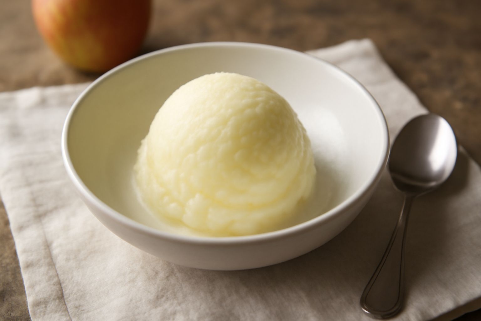 Coppetta di sorbet di mela di colore giallo pallido, cremoso, con una pallina liscia in primo piano, guarnito con una fettina sottile di mela fresca cruda su sfondo bianco
