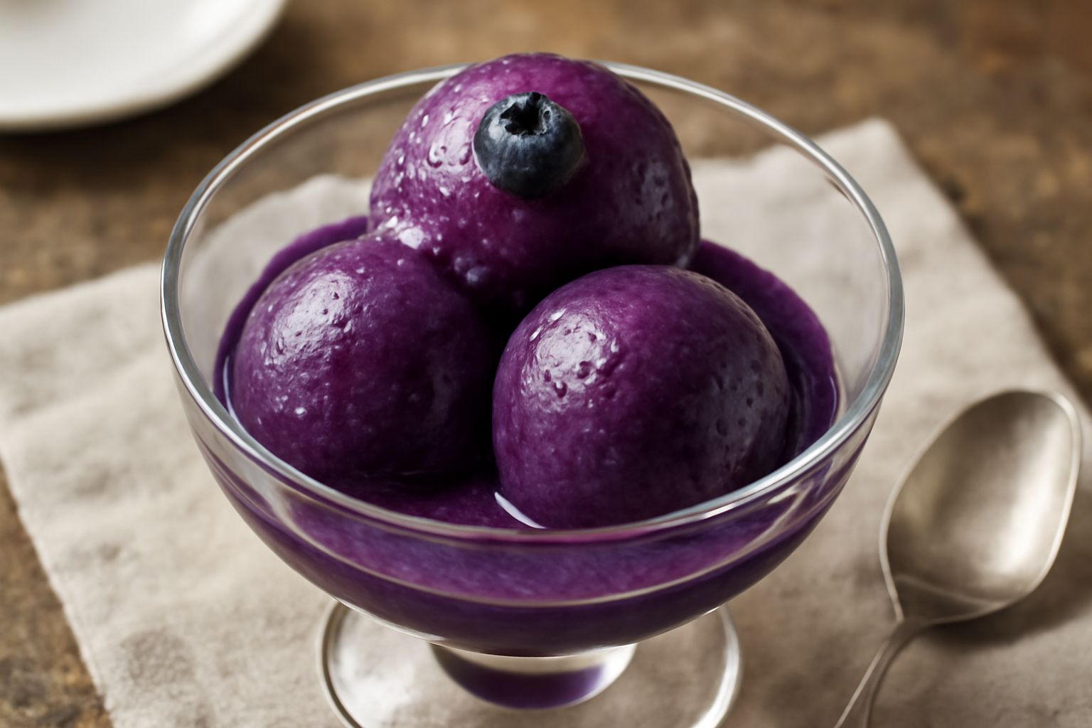 Sorbet di mirtillo di colore blu violaceo, servito in una coppa di vetro con tre palline disposte in modo ordinato, guarnito con un mirtillo fresco in cima e un cucchiaio di gelato alla destra del bic