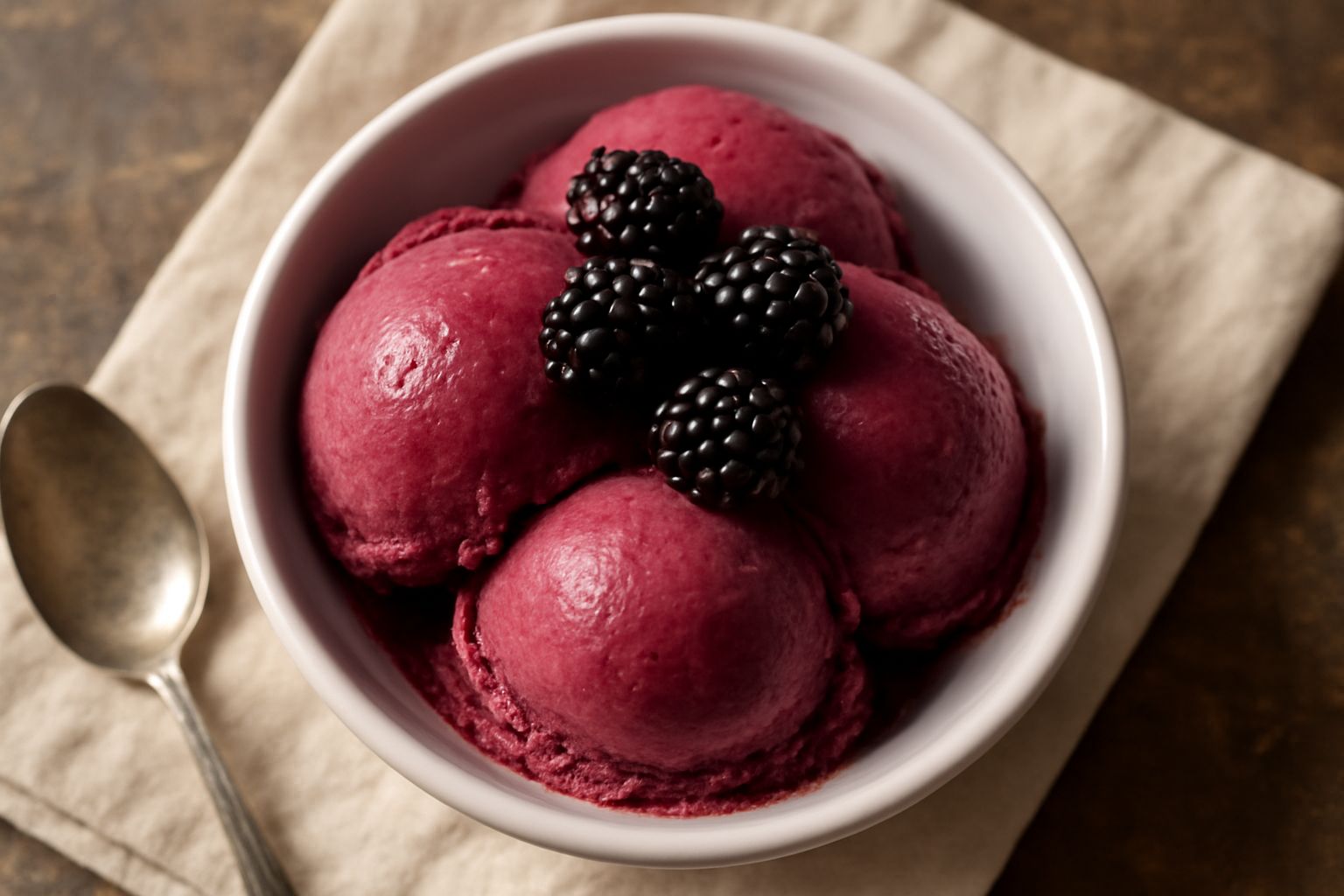 Sorbet di mora in coppetta di vetro trasparente, di colore rosso violaceo intenso, con superficie liscia e cremosa, guarnito con due more fresche in cima e un cucchiaio di legno accanto