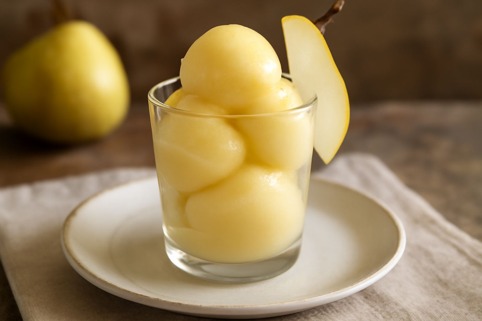 Coppa di vetro con tre cucchiaiate di sorbet di pera color giallo crema, servita con una sottile fetta di pera fresca sul bordo e un cucchiaio di metallo appoggiato a fianco