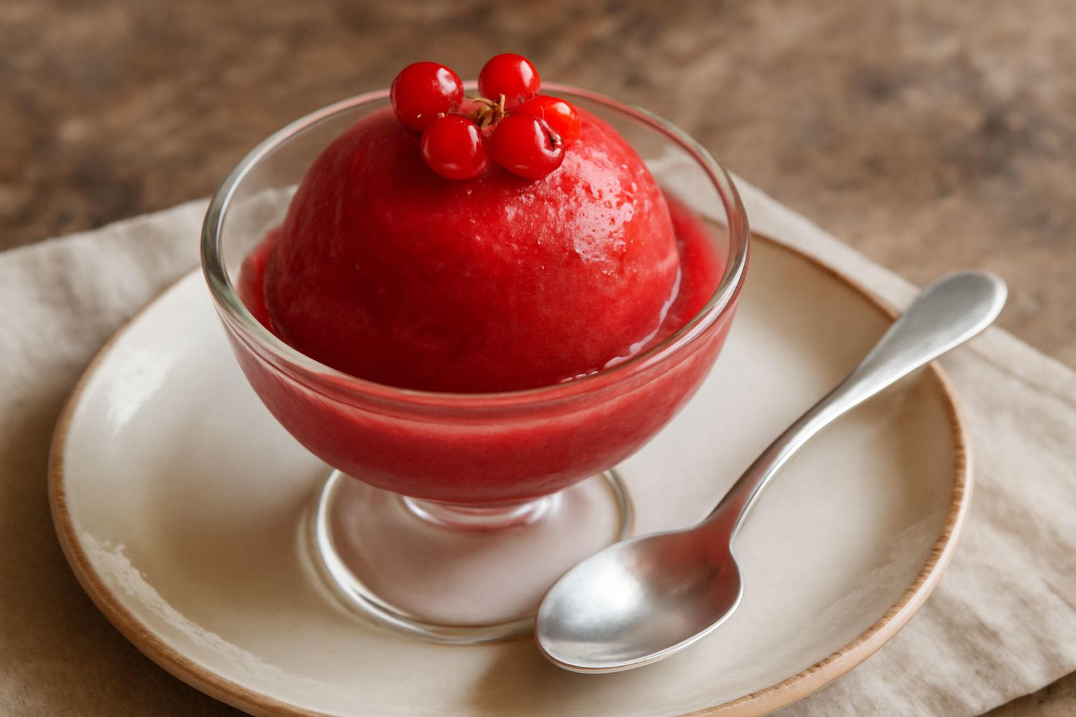Sorbet di ribes di colore rosso intenso servito in coppa di vetro con alcune bacche fresche di ribes rosso sopra, cucchiaio di gelato nella coppa, sfondo bianco