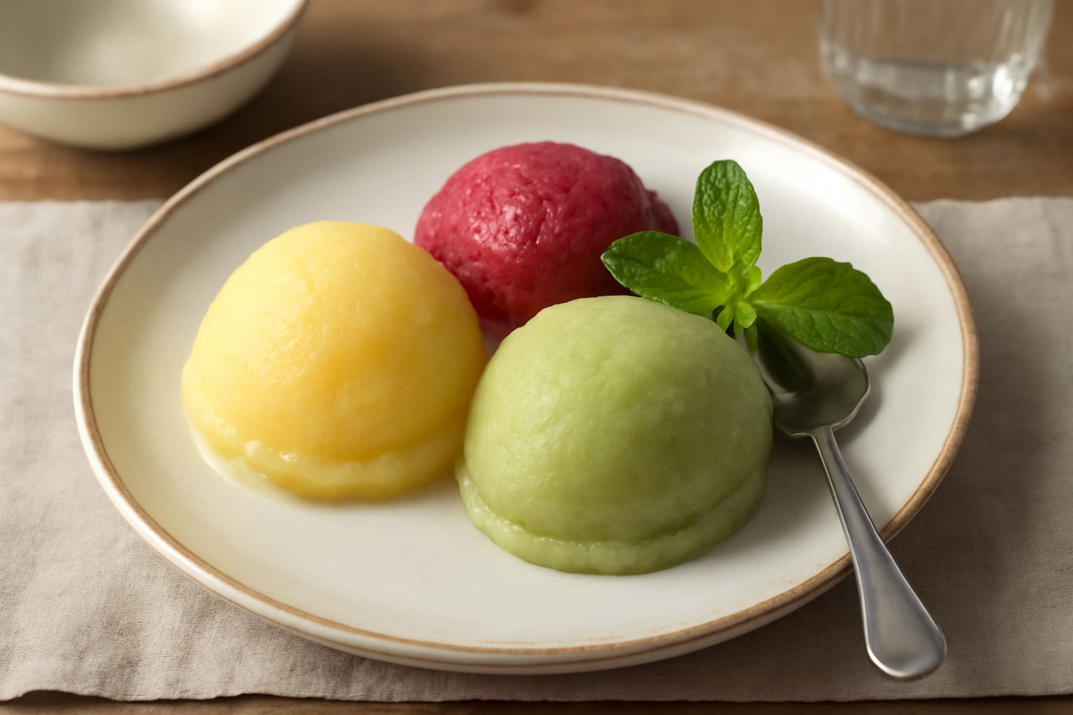Bicchiere trasparente con sorbetto ai frutti di bosco di colore viola scuro, superficie liscia e cremosa, guarnito con una foglia di menta fresca e alcuni frutti di bosco rossi, sfondo neutro bianco