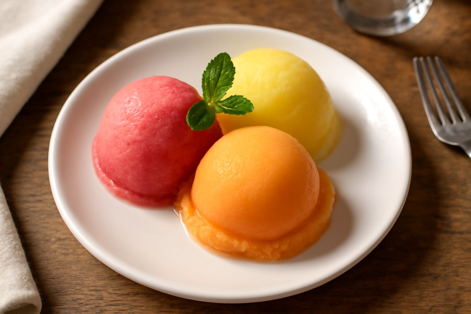 Tre coppette di sorbetti in colori diversi: uno rosa fragola, uno giallo limone e uno arancio melone, guarniti con foglie di menta e serviti su un vassoio di ghiaccio