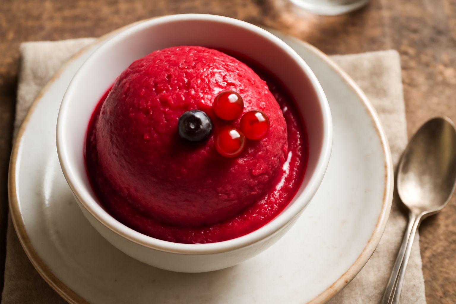 Sorbetto rosso scuro in coppette di vetro gelate, superficie liscia e compatta, guarnito con un mirtillo fresco e una foglia di menta verde