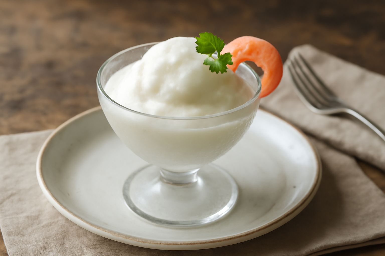 Sorbetto ai frutti di mare di colore bianco crema con sfumature grigio perla, servito in coppetta di vetro fredda, guarnito con una foglia di prezzemolo fresco e una gambero rosa piccolo sul bordo
