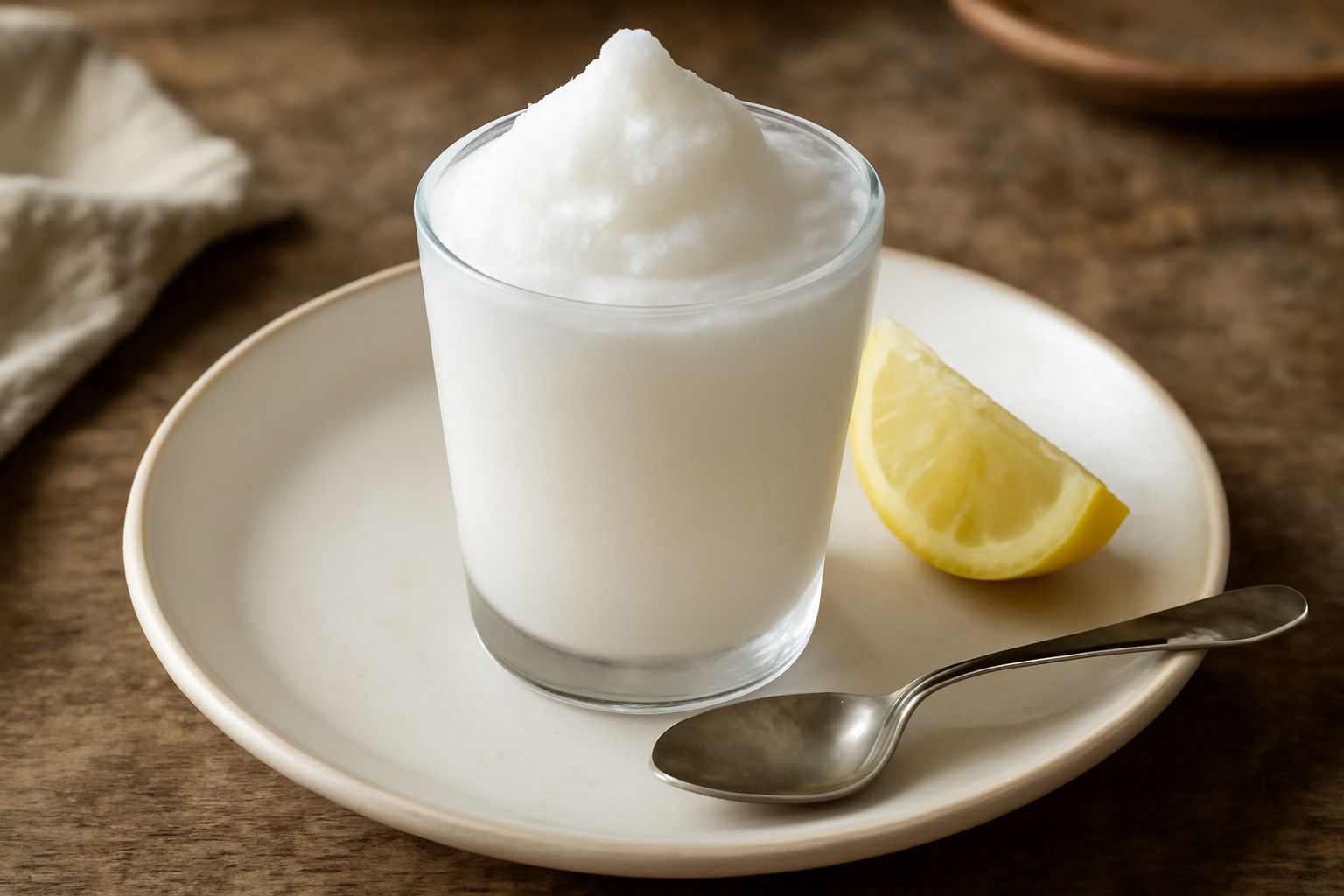 Sorbetto al limone bianco cremoso servito in una coppa di vetro trasparente, guarnito con una fettina sottile di limone fresco e foglie di menta verde, con sfondo sfocato della costa amalfitana