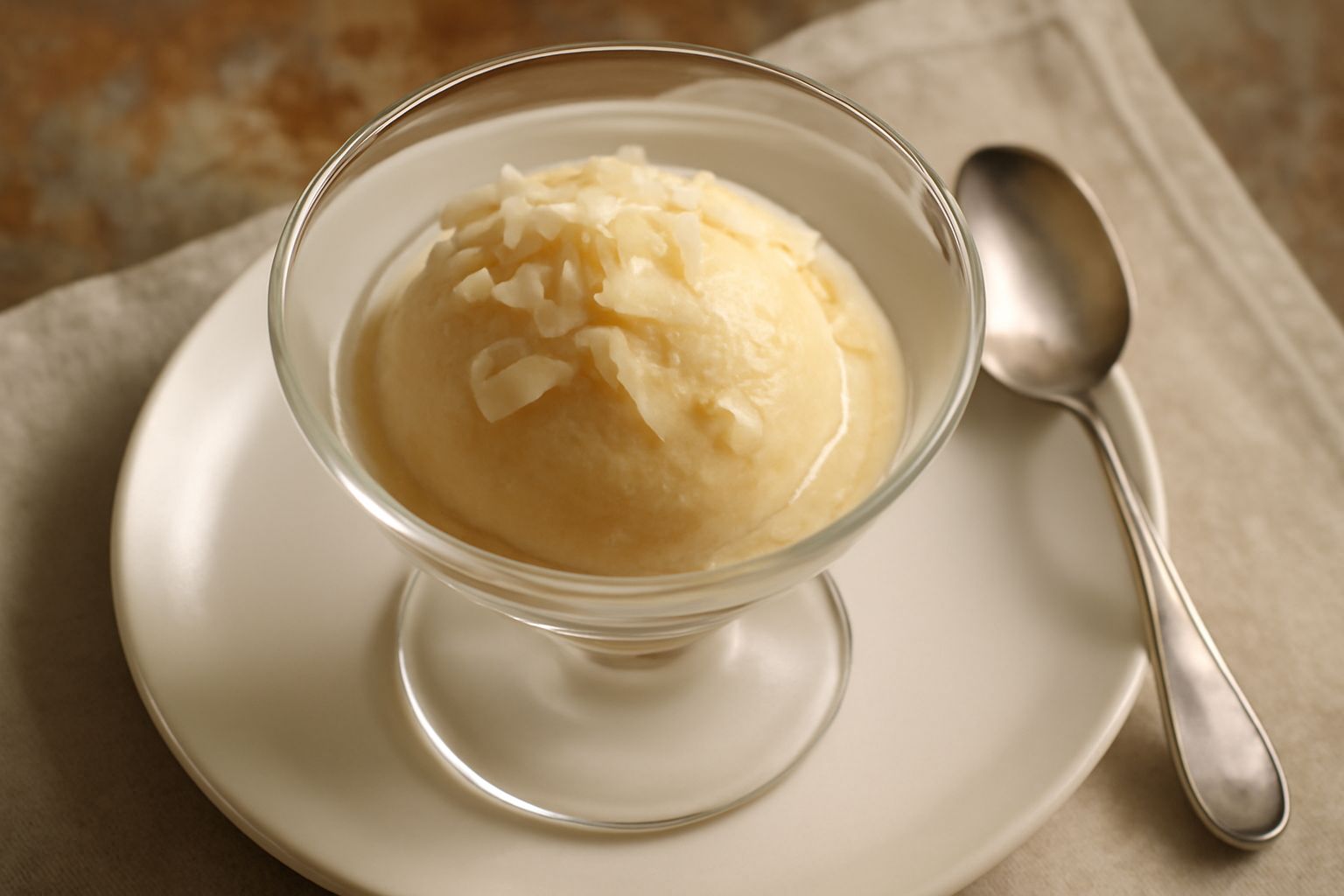 Sorbetto beige cremoso servito in coppa di vetro, tre cucchiaiate morbide e uniformi, guarnizione di scaglie sottili di parmigiano reggiano in cima, sfondo neutro