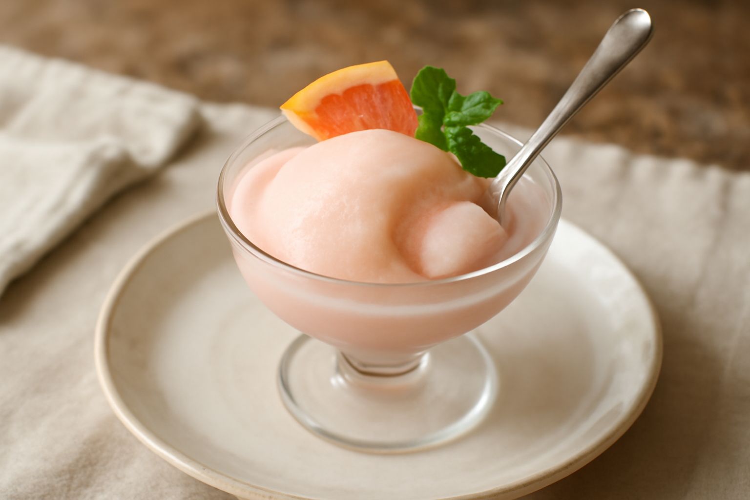 Sorbetto al pompelmo rosa pallido servito in una coppetta di vetro trasparente, con una pallina compatta liscia, guarnito con una sottile fetta di pompelmo fresco e una foglia di menta verde.