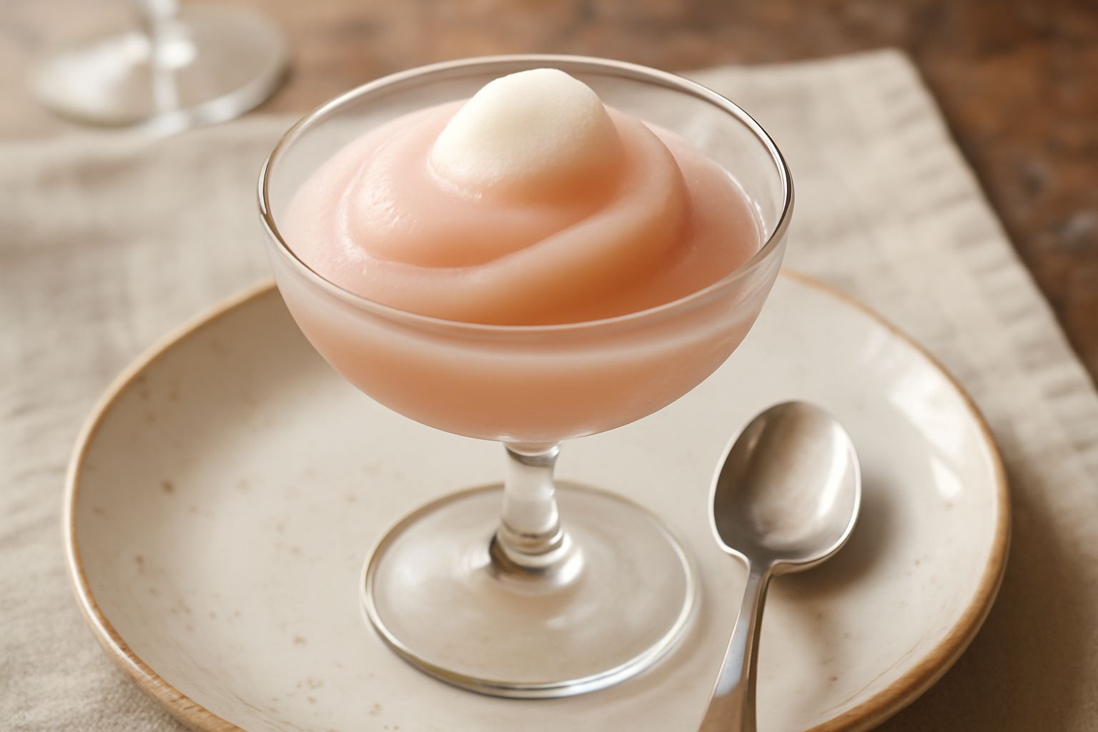Coppa di sorbetto al prosecco di colore rosa pallido, liscio e cremoso, guarnita con una foglia di menta fresca e servito su un piattino bianco