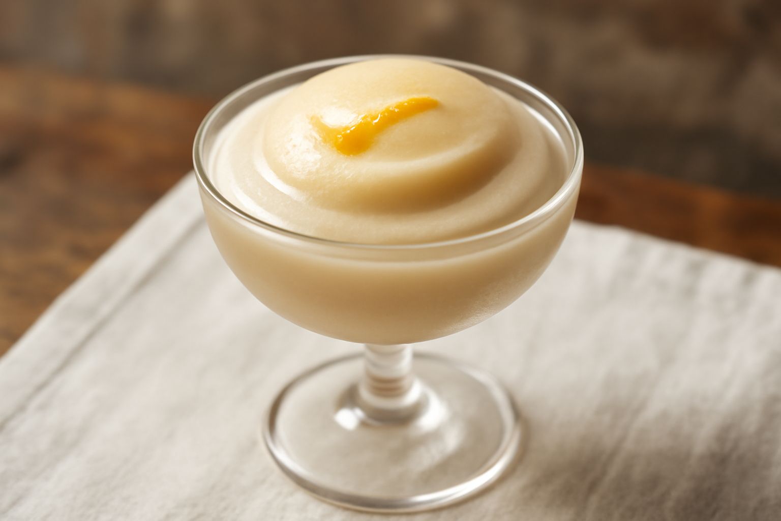 Sorbetto al vermouth di Torino di colore beige chiaro, servito in coppa di vetro trasparente, con una sottile lamina di limone fresco sulla superficie levigata e lucida