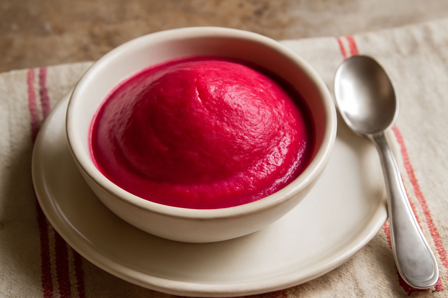 Coppetta di vetro con sorbetto rosso intenso dalla superficie liscia e cremosa, guarnito con una foglia di menta fresca e una sottile fetta di barbabietola cruda sul bordo