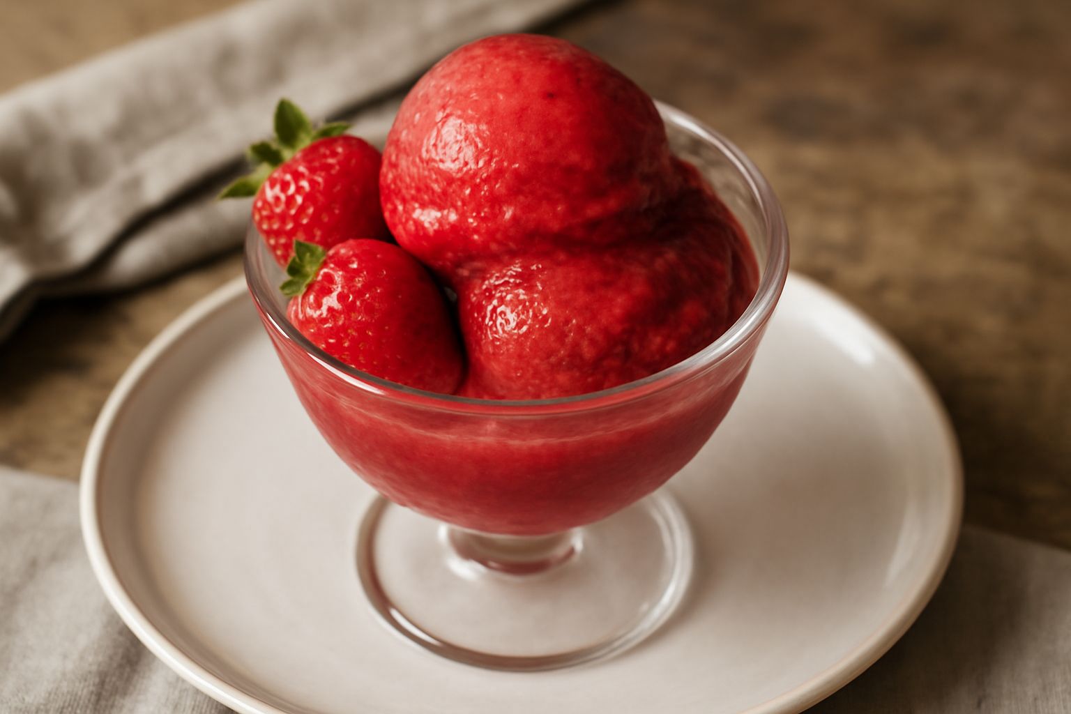 Sorbetto alla fragola rosso intenso in coppa di vetro trasparente, guarnito con foglia di menta fresca e una fragola intera rossa sul bordo, superficie morbida e compatta