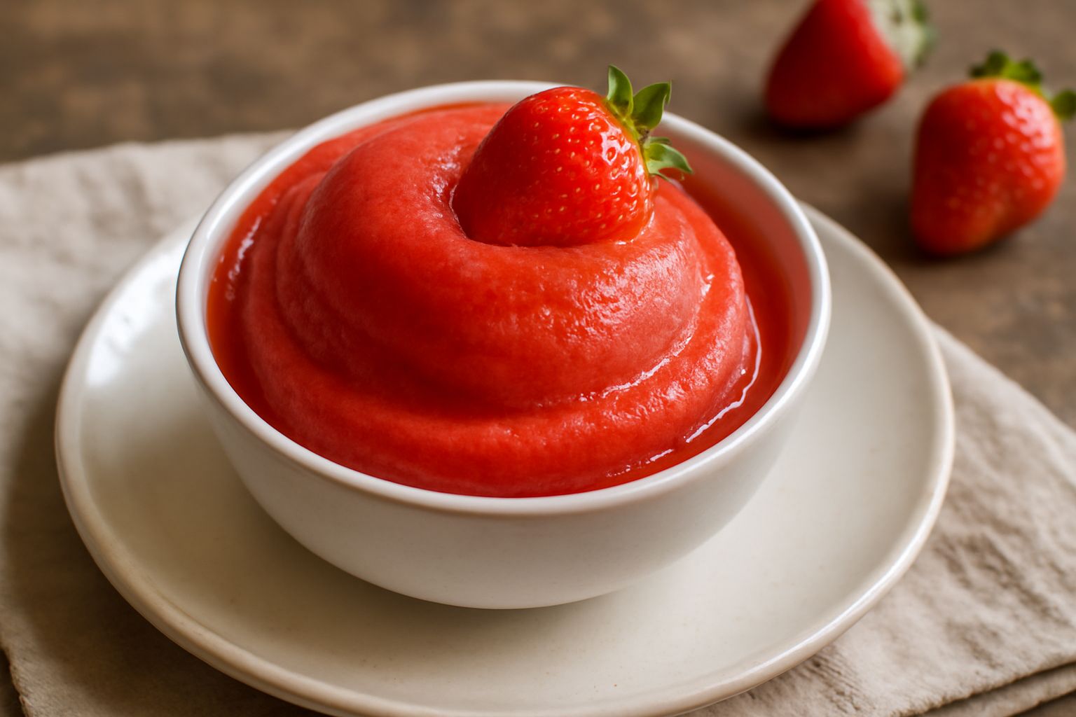 Coppetta di sorbetto alle fragole dal colore rosso intenso, cremoso e denso, guarnito con una fragola fresca intera e foglie di menta verde in cima, servito in bicchiere cristallo trasparente con cucc