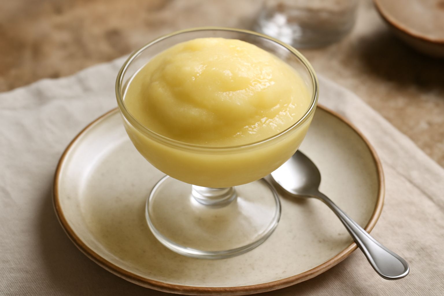 Sorbetto di agrumi in coppa di vetro trasparente, colore giallo paglierino brillante, superficie liscia e gelida con una fettina di limone sulla spalla